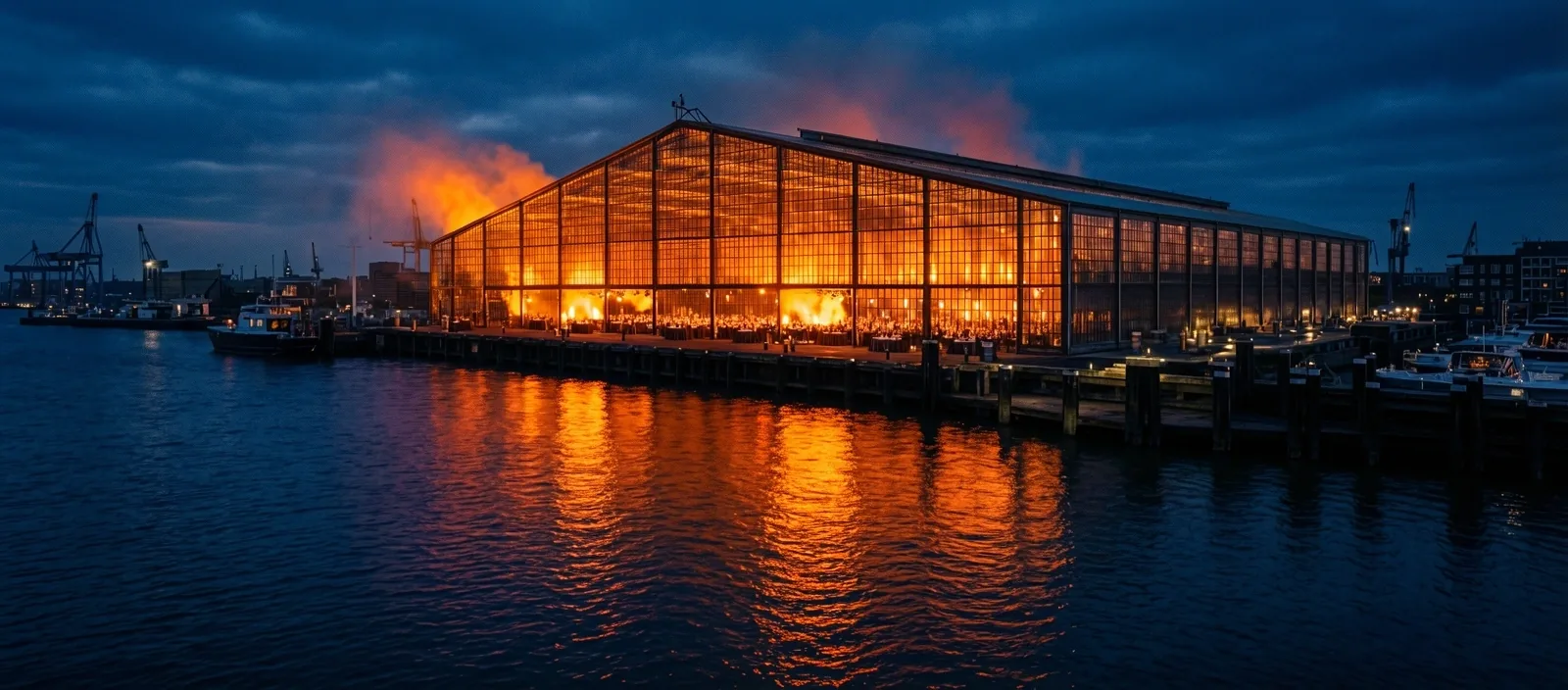 Uitzicht op Harbor Halls bij zonsondergang